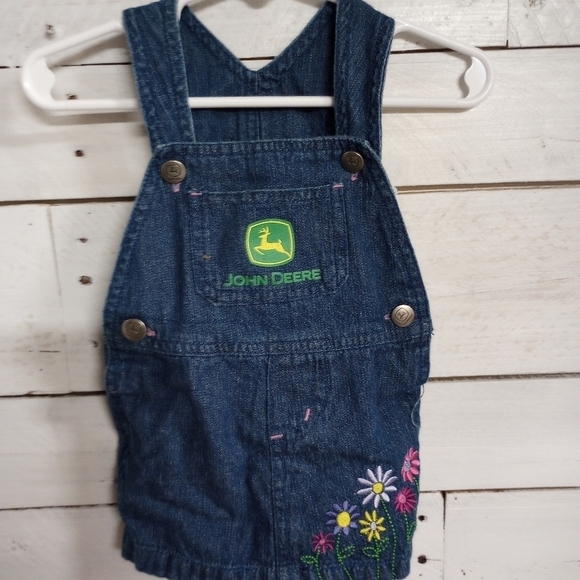 John Deere Other - JOHN DEERE Baby Girl Denim Overall Dress Embroidered Flowers Size 3-6 Months